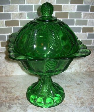 Vintage Green Glass Large 12 " Footed Lidded Compote U.  S.  Glass 15056 Florida