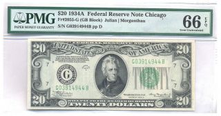 1934 A $20 Twenty Dollars Federal Reserve Fr.  2055 Chicago Note Pmg Ms 66 Epq