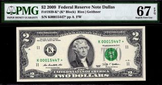 2009 $2 Dallas Federal Reserve Star Note Frn Low 5 - Digit Serial K Pmg 67 Epq