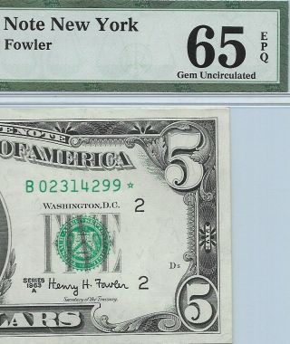 1963a $5 York Star ⭐️ Frn,  Pmg Gem Uncirculated 65 Epq Banknote