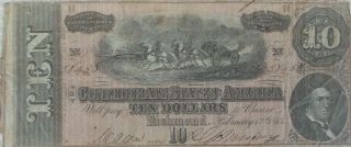 Great 1864 $10 Bill Confederate States Civil War Currency