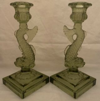 Pair Vintage Imperial Glass Green Koi Dolphin Candlestick Holders 9” 1951 Mark