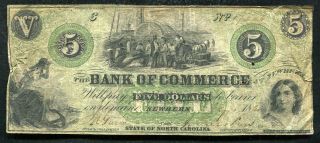 1861 $5 Five Dollars The Bank Of Commerce Newbern,  Nc Obsolete Banknote