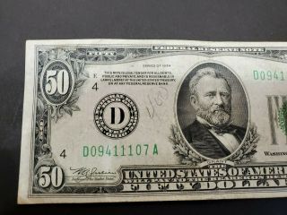 1934 FEDERAL RESERVE NOTE FIFTY DOLLAR BILL.  $50.  00 (D) Circulated 3