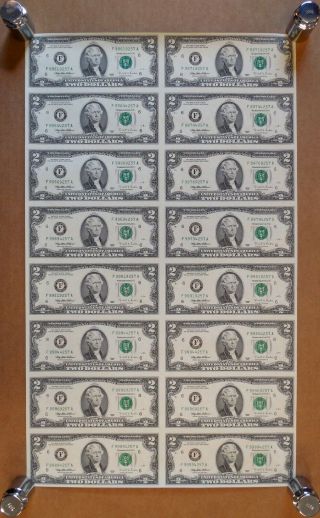1995 - Uncut U.  S.  Currency Sheet - 16 X $2 Bills - Frn - F District - F - A Block