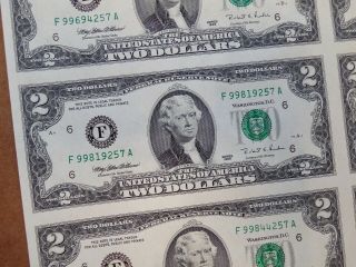 1995 - Uncut U.  S.  Currency Sheet - 16 x $2 Bills - FRN - F District - F - A Block 3