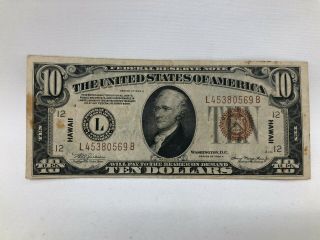 1934 A Us $10 Hawaii Emergency Federal Reserve Note