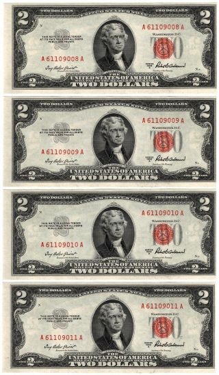 ✯ 1953 ✯ (4) Consecutive Notes Unc ✯ Red Seal ✯$2 Bill ✯error Notes✯off Center