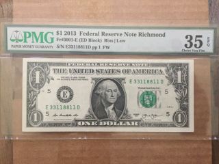 2013 $1 Dollar Fancy Serial Number Pmg 35 Choice Very Fine Quality Paper Money
