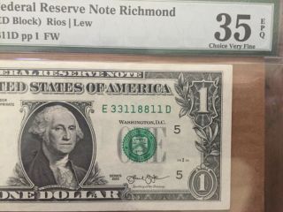 2013 $1 DOLLAR FANCY SERIAL NUMBER PMG 35 choice very fine quality paper money 2