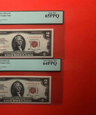 1963a - 2 Consecutive $2 Notes,  Graded By Pcgs Gem New&very Choice 65 & 64 Ppq.