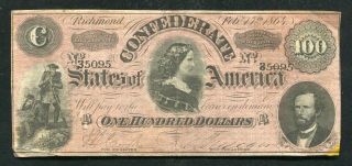 T - 65 1864 $100 One Hundred Csa Confederate States Of America “lucy Pickens” Vf,