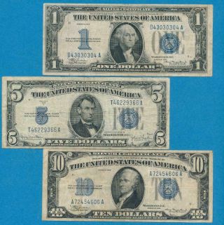 $1.  00 1934 - $5.  00 1934 - D - $10.  1934,  3 Note Set Blue Seal Silver Certificates