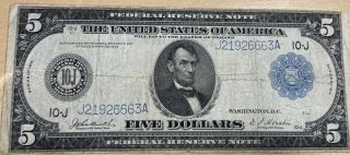 1914 Vf Blue Seal $5 Federal Reserve Note