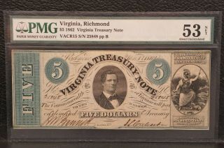 1862 $5 Virginia Treasury Note Obsolete Currency Civil War Vacr15 Pmg Au 53 Net