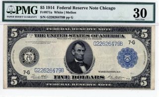 $5 1914 Federal Reserve Note Chicago Fr 871a Pmg 30