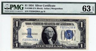 $1 1934 Silver Certificate Fr 1606 (fa Block) Pmg 63 Epq