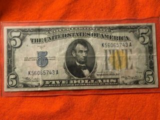 1934 A $5.  00 Silver Certificate Note Circulated Looking Note