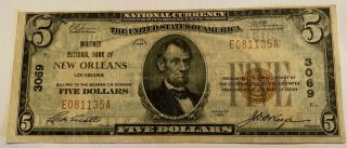 1929 $5 Whitney National Bank Orleans La National Currency Brown Seal Note