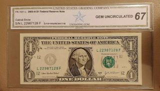 2003 A $1 Federal Reserve Note Uncirculated Error - Insfficient Ink