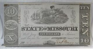 1862 $10 Missouri Sailing Ship Confederate Civil War Bank Note Pc - 313