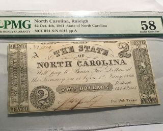 1861 $2 The State Of North Carolina,  Obsolete,  Pmg 58 Uncirculated