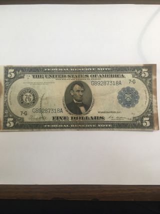1914 U.  S.  $5 Abraham Lincoln Blue Seal Large Five Dollar $5 Note
