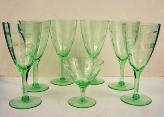 6 Light Green Depression Glass Wine Water Goblets Etched And Fluted Great Cond