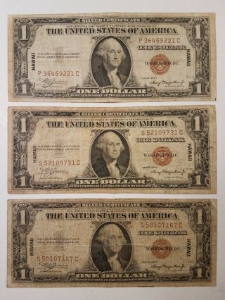 (3) 1935 A $1 Dollar Hawaii Emergency Brown Seal Silver Certificate S Ships