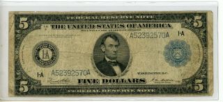1914 Five Dollar Large Size Note Boston Blue Seal 2570