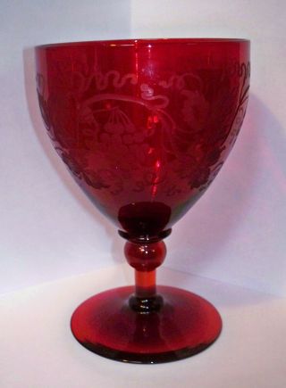 Antique Frederick Carter Steuben Ruby Red Wine Goblet Etched Grapes And Vines