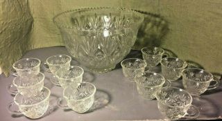 Vintage 13 Piece Glass Punch Bowl Set Punch Boawl And 12 Glass Cups