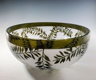 Kelsey Murphy Pilgrim Cameo Glass Bowl Deep Olive Green Foliage Design 80s