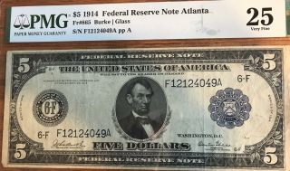 1914 Federal Reserve Note Atlanta 5 Dollar Fr 865 Burke Glass