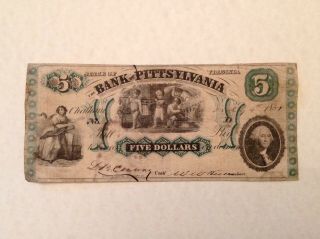 - 1861 $5 Five Dollars Bank Of Pittsylvania Chatham,  Virginia Civil War Era