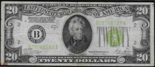 1928 - B " York " $20 Small Redeemable In Gold Certificate " Light Green Seal "