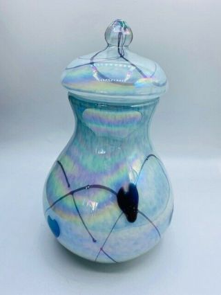 Gibson Art Glass Lidded Jar Irridescent Blue Hanging Heart Design Large Piece
