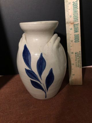 Vtg Williamsburg Pottery Vase Hand Crafted Pitcher Blue Floral Leaves Usa