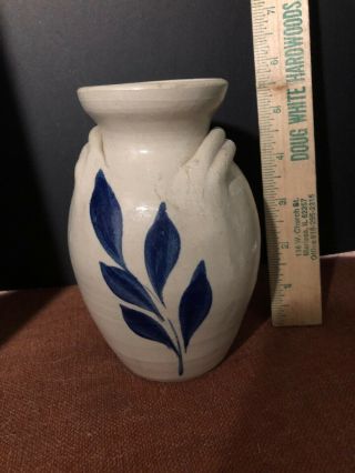 Vtg Williamsburg Pottery Vase Hand Crafted Pitcher Blue Floral Leaves USA 2