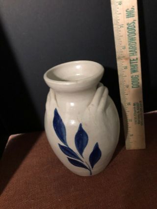 Vtg Williamsburg Pottery Vase Hand Crafted Pitcher Blue Floral Leaves USA 3