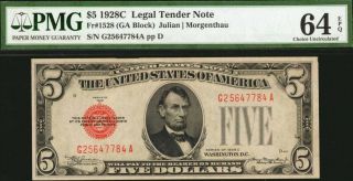 Fr.  1528,  Series 1928c $5 Lt Note,  Pmg Ch.  Unc 64 Epq,  Legal Tender " Red Seal "