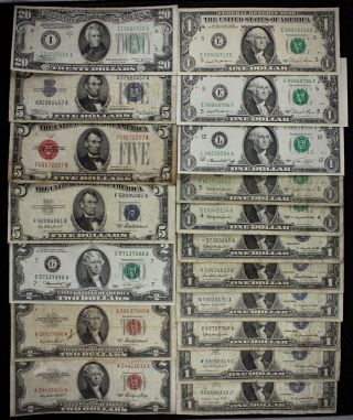 $52 Fv Old Us Money $20 $5 $2 $1 Frns Us Notes Silver Certificates Star 