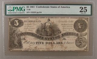 1861 T - 36 $5 Confederate Note Pmg Very Fine 25