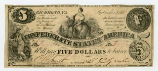 1861 T - 36 $5 The Confederate States Of America Note - Civil War Era