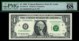 1999 $1 St.  Louis Federal Reserve Star Note Frn Pmg 68 Epq 1925 - H Top Pop 3/0