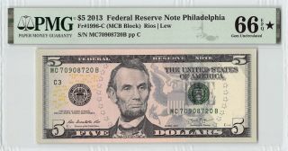 United States 2013 Fr.  1996 - C Pmg Gem Unc 66 Epq 5 Dollars Frn Philadelphia