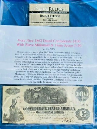 Authentic 1862 $100 Confederate Bill Money T - 40 Slave Milkmaid & Train 2