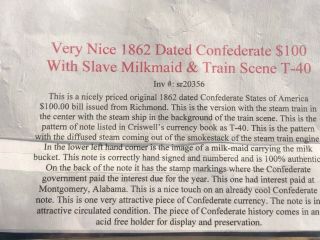 Authentic 1862 $100 Confederate Bill Money T - 40 Slave Milkmaid & Train 3