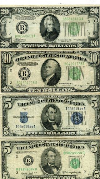 1934 - A $20,  1934 - B $10,  1934 - D $5 & 1950 - C $5 Frn & Silv.  Cert.  Starts@ 2.  99