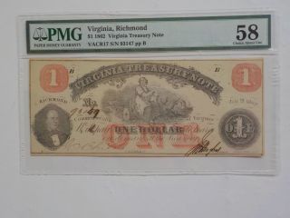 Civil War Confederate 1862 1 Dollar Bill Pmg Virginia Treasury Paper Money
